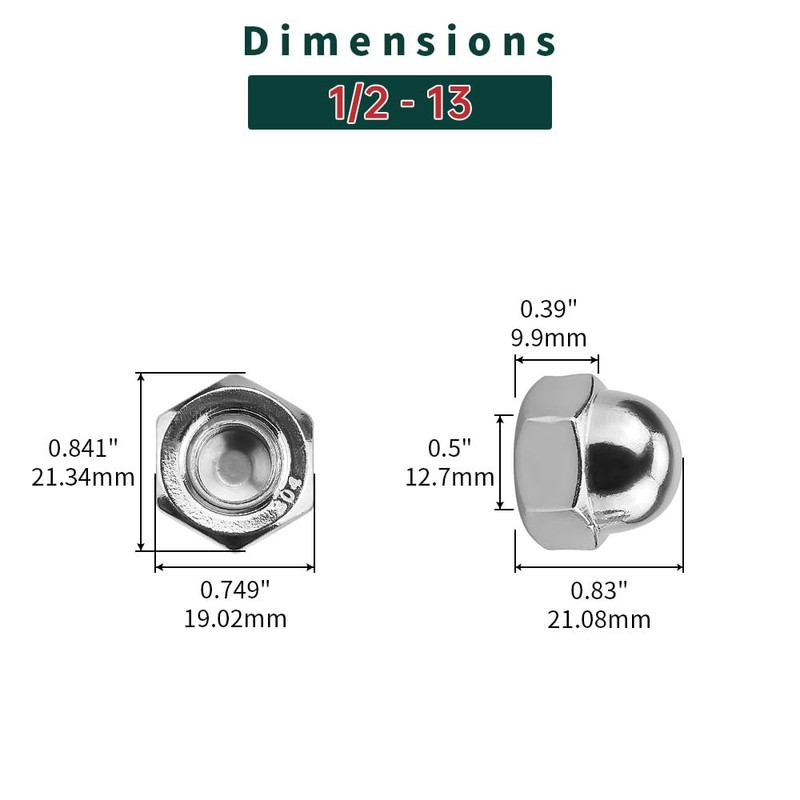 1/2-13 Acorn Hex Cap Nuts (10 pcs), 304 Stainless Steel
