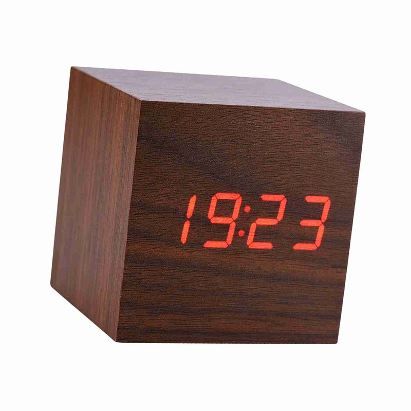 6x6x6cm Wooden Electronic Digital Alarm Desk Clock Temperature LED Display