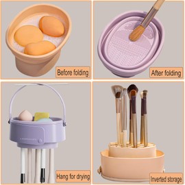 GOLIKEE- DISEÑO 3 EN 1: Este limpiador de brochas de maquillaje tiene un diseño ingenioso que integra hábilmente el lavado, el secado y el almacenamiento en un solo artículo. El lado con texturas es p