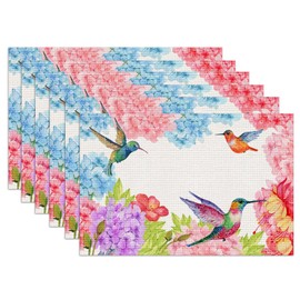 Flowers and Humming Birds Placemats Set of 6,12x18 Inch Spring Floral Linen Place Mat Washable Stain Resistant Table Mats for Seasonal Farmhouse Kitchen Party Home Decor