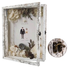 Hodeframe Wedding Shadow Box Frame 11x14, Wood Shadow Box Display Case with Glass Window Metal Lock, Memory Box for Memorabilia Awards Medals Photos, White