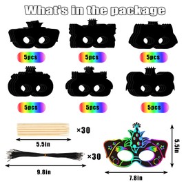 JarThenaAMCS 30 Sets Animal Scratch Mask Paper Scratchboard Rainbow Masks With Elastic Bands & Wood Styluses For DIY Crafts Classroom School Party Costume Dress up Supplies