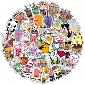 50 Pieces Cartoon Drinks Stickers, Trendy Summer Bubble Milk Tea Flavored Drink Animal Stickers Pack, Cute Vinyl Waterproof Decals for Kids Teens, Party Favors for Water Bottle Laptop Phone