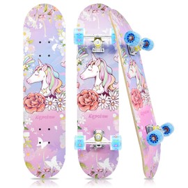Kqpoinw Standard Skateboards with Colorful Flashing Wheels for Beginners, Kids,Teens, 7 Layer Maple Complete Skateboard for Girls Boys, 31" x 7.8" Double Kick Concave Kids skateboard with Skate T-Tool