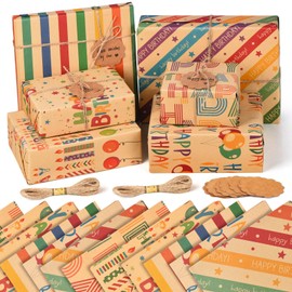 12 x Birthday Wrapping Paper Sheets - Retro Brown Birthday Gift Wrap Set with Tags Strings - Recycled Kraft Birthday Wrapping Paper for Female Women Men Girls Boys Kids