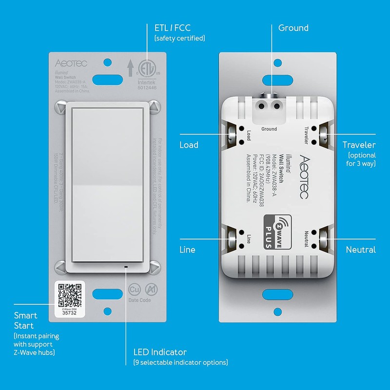 Zwave Light Switch: Aeotec Wall Switch, 3 Way, Repeater, On