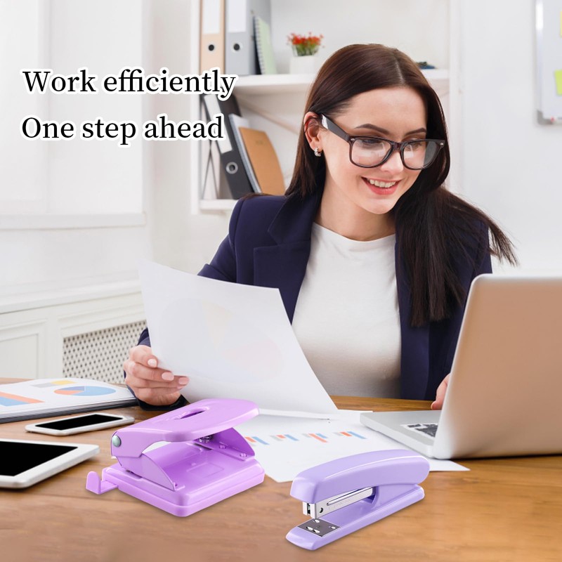 Cozlly Hole Punch Stapler Set, Purple Office Stapler Hole Punch,