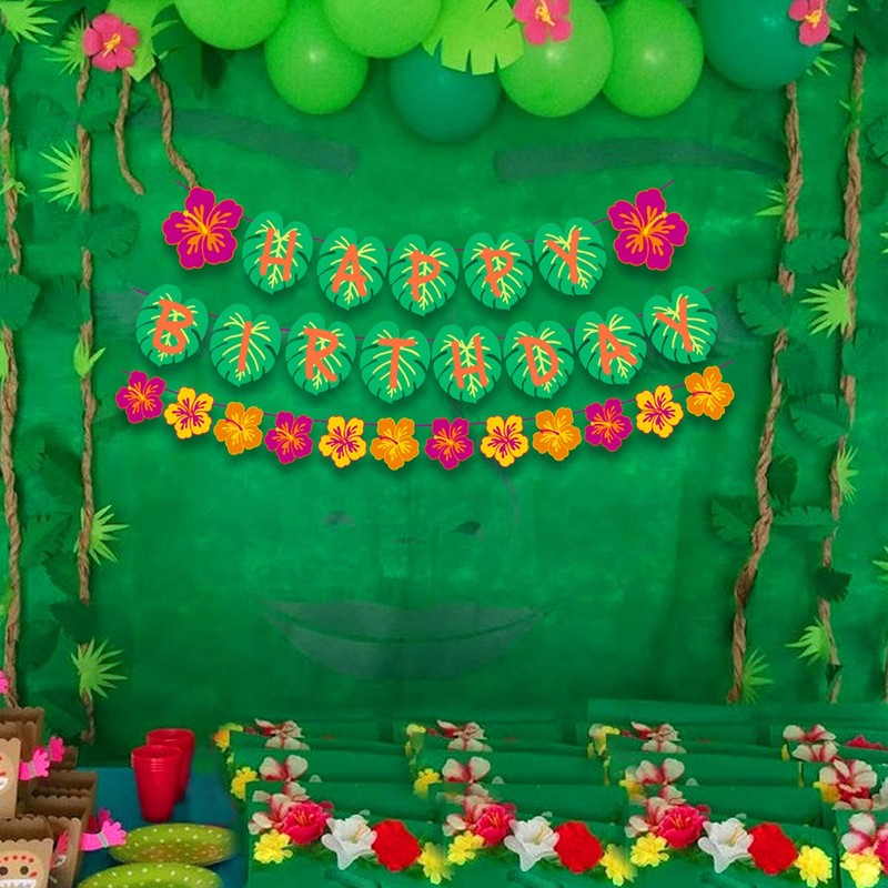 Hawaiian Party Happy Birthday Banner for Tropical Luau Party Palm