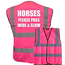 Bright Pink High Visibility Vest with White Text HORSES PLEASE PASS WIDE & SLOW- HORSE RIDING By Brook Hi Vis Medium