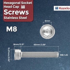 Kozelo Pack of 6 Cylinder Screws with Hexagon Socket - [M8-1.25 x 65 mm] 304 Stainless Steel Full Thread Allen Screw for Electric Motor 3D Printer Fan Motor Replacement, Silver