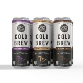 Great Lakes Variety Pack of Oat Milk Cold Brew Lattes, Lavender, Vanilla, and Mocha Flavors, 11 Ounce Cans, Pack of 6