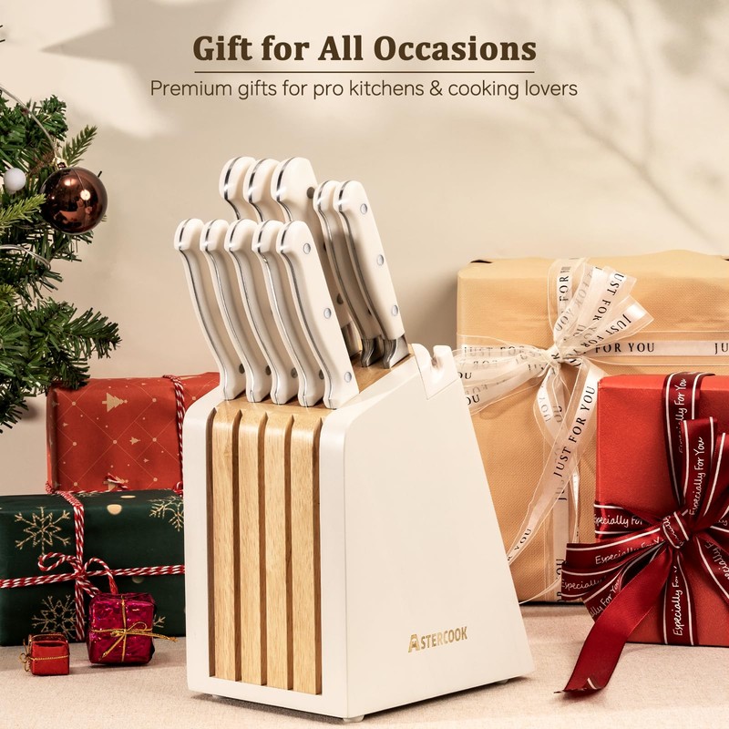 Astercook Knife Set, Kitchen Knife Set with Block and Sharpener,