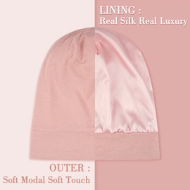LULUSILK 100% Mulberry Silk Lined Sleep Cap Silk Bonnet for Sleeping, No More Frizzy Tangled Hair, Stay On All Night Adjustable Silk Hair Wrap for Sleeping with Scrunchie, Pink, Pack of 1