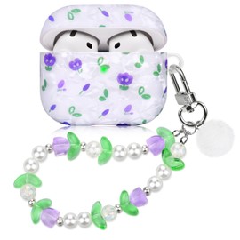 Compatible with AirPods 4 Case Protective Cover and Skin Case for AirPods 4 Gen Full Protection Protective Case with Pearl Lanyard for Girls Women Purple Flower