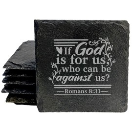 Faith and Hope: Laser Etched Faith-Based Inspiration: "If God is for Us" Coasters - Square Slate - set of 8