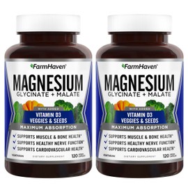FarmHaven Magnesium Glycinate & Malate Complex w/Vitamin D3, 100% Chelated for Max Absorption- Bone Health, Nerves, Muscles, 240 Capsules, 120 Days