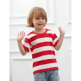 MOMBEBE COSLAND Boys Red and White Striped Shirt Kids Basic Crewneck Tees, 2T