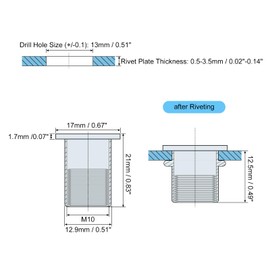 sourcing map M10 Rivet Nuts, 50pcs Zinc Plated Carbon Steel Knurled Flat Head Threaded Insert Nuts for Metal, Plastic