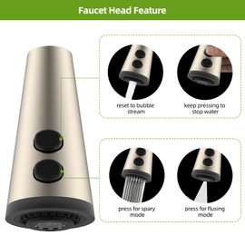 4 Function Kitchen Faucet Head Replacement Universal Pull Down Kitchen Sink Faucet Sprayer Head with 15 Adapters Compatible with American Standard/Kohler/Moen/Delta, Brushed Nickel