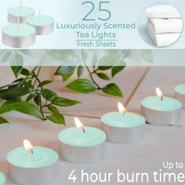 DECO EXPRESS Tea Lights Bulk Pack, 24, 25, 50, 100 or 200 Tea Lights, Long Burning Time 4, 8 or 10 Hours (Fresh Bed Linen 25/4 Hours)