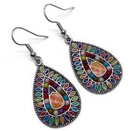 Tear Drop Shaped Patterned Multi-Colour Enamel Charm Bead Earrings in Antique Silver Look : 50mm