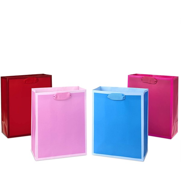 Hallmark 9" Medium Solid Color Gift Bags - Pack of 4 in Red, Blue, Light Pink and Hot Pink for Birthdays, Baby Showers, Retirements or Any Occasion