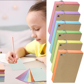 Flash Cards,300 PCS Multicolor Index Cards Revision Cards with 6 Binder Rings, 12.5 x 7.5 cm Kraft Paper Flashcards Lined Record Cards Study Cards for Office Home School Learning