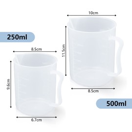Cilindro medidor transparente, vaso medidor de plástico graduado con asa para cocina, laboratorio, 250 ml, 500 ml, 2 piezas