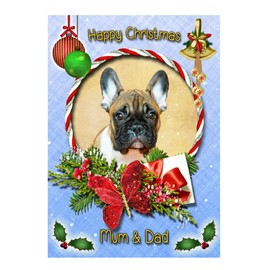 French Bulldog Christmas Card Blue 'Happy Christmas Mum & Dad' - Special Animal Xmas Card for Him Her From Kids Pets