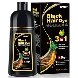 Black Hair Dye Shampoo 3 in 1, Shampoo para Canas con Tinte, Champú para Teñir el Cabello Negro, Cobertura de Canas con Ingredientes Herbales, 500ml (
