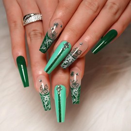 BFY Shamrock Press on Nails Medium Coffin St Patrick's Day Fake Nails, Green French Clover Glitter Rhinestones Acrylic Nails, Irish Nude Glossy Gel False Nails Kit Stick Glue on Nails Tip, 24 Pcs
