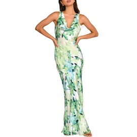 Women's 2025 Summer Satin Backless Elegant Dress for Wedding Guest Silk Sleeveless Cowl Neck Party Formal Maxi Dresses Green Floral