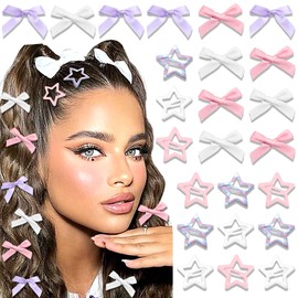 STGDAK 24 Pcs Star Hair Clips Checkered Pink Mini Hair Bow Clips Cute Satin Ribbon Clip Hair Bow Barrettes Star Clip Kawaii Snap Barrettes Non Slip Purple Y2k Hair Accessories For Women Girls