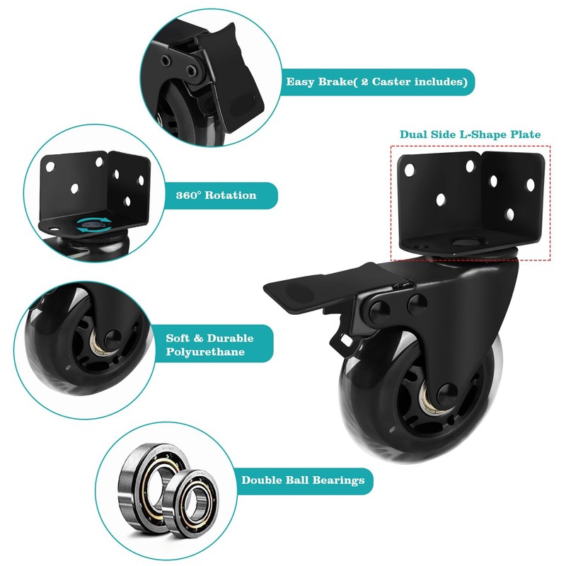 Side Mount Industrial Casters, MALLLALA 3" Heavy Duty L-Shaped Bracket