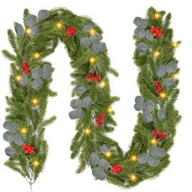 Palonu 6.6Ft Prelit Christmas Norfolk Garland, Artificial Thick Fork Norfolk Pine with Red Berries Eucalyptus Leaves LED Lights, Greenery Decoration for Indoor Xmas Fireplace Mantle Stairs Décor