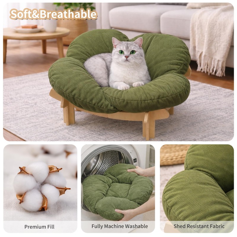 SJHX-ZYH Elevated Wooden Cat Bed with Fluffy Removable Cushion, Modern