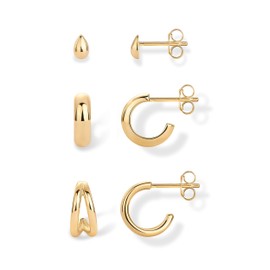 PAVOI 14K Yellow Gold Plated Sterling Silver Posts 3-Pair Statement Earscape Earring Set for Women | Double Huggie Multi Hoop Teardrop Stud Earrings Stack Pack