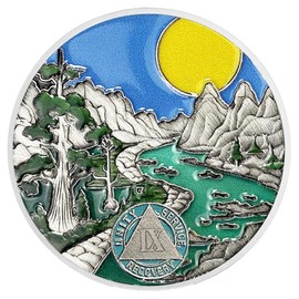9 Year Sobriety Coin AA Chips and Medallions - Sun Mountain River Scene - 1-20 Year Sober Token Celebrating Sobriety - Alcoholics Anonymous Gifts - Sobriety Gifts for Men Women