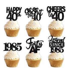18pcs Black Glitter Happy 40th Dessert Cupcake Topper Pick for Funny Legend Since 1985 Theme Decor Supplies Men Women Happy 40 Birthday Party Decoration