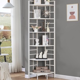 HOMISSUE Corner Shelf, 6 Tier Industrial Tall Corner Bookshelf, Corner Bookcase with Metal Frame and MDF Board, Multipurpose Storage Display Rack for Home Office Living Room and Bedroom, White