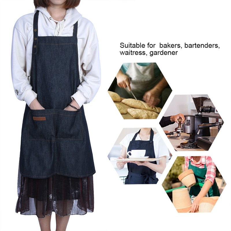 Denim Apron Baker Kitchen Restaurant Coffee Work Uniform with Front