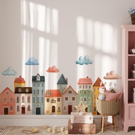 Colorful Town Wall Decal,Cute Watercolor House Art Decor,Peel and Stick Town White Cloud Wall Sticker for Kids Boys Nursery Bedroom Playroom Daycare Classroom Baby Room Decor Gifts