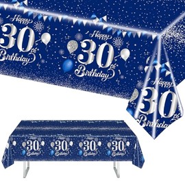 MORAINJAY 30th Birthday Tablecloth, 137 x 274 cm, Blue with Silver Tablecloth for Men, Women, 30th Birthday Party, Rectangular Tablecloth for Birthday Party Decoration for 30th