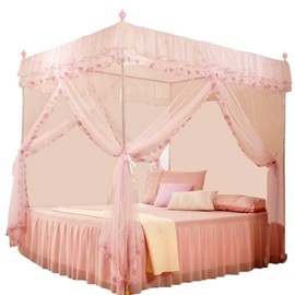 Luxury Princess 3 Side Openings Post Bed Curtain Canopy Netting Mosquito Net Bedding (Pink S)
