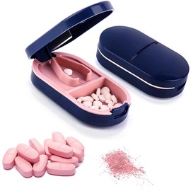 Mini Cortador de Pastillas con Organizador Portatil - 2 Piezas de Partidor de Píldoras, con Hoja de Acero Inoxidable, Cortar Pastillas Grandes y Pequeñas, para Vitaminas, Pastillas, Tabletas (Azul)