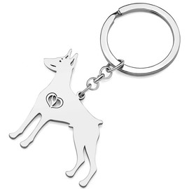 WEVENI Cute Dog Keychain 18K Gold Plated Stainless Steel Keychain Ring Accessories Charms Dog Lovers Gifts for Women Girls Silver Plated Doberman 44mm x, Silver Plated Doberman