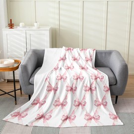 Pink Bowknot Throw Blanket for Kids,Dreamy Princess Style Kids Girls Fleece Throw Blanket for Bedroom Sofa Dorm Decor,Watercolor Bow Geometric Grids White Blanket,40 x 50 Inches