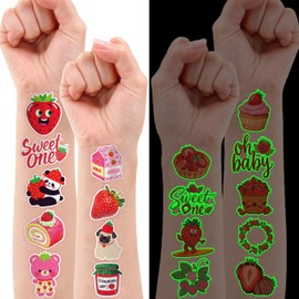 96PCS Strawberry Berry Pre-Cut Luminous Temporary Tattoos for Kids | Super Cute 1st Themed Birthday Party Favors, Supplies, Decorations, Funny Fake Tattoo Stickers