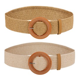2pcs Braided Waist Belts for Women, Straw Woven Elastic Belt Summer Dress Belts Boho Wide Stretch Braided Belt with Round Button for Women Girls (White, Kahki)