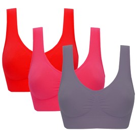 Jamron Women's Pack of 3 Seamless Non-Wired Comfortable Classic Bras Sleep Yoga Sports Bras with Removable Pads (S-6XL), Red + Fuchsia + Grey